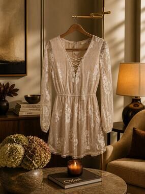 Lovers + Friends CottageCore Soft Girl Coquette  Ivory Haiden Lace Mini Dress